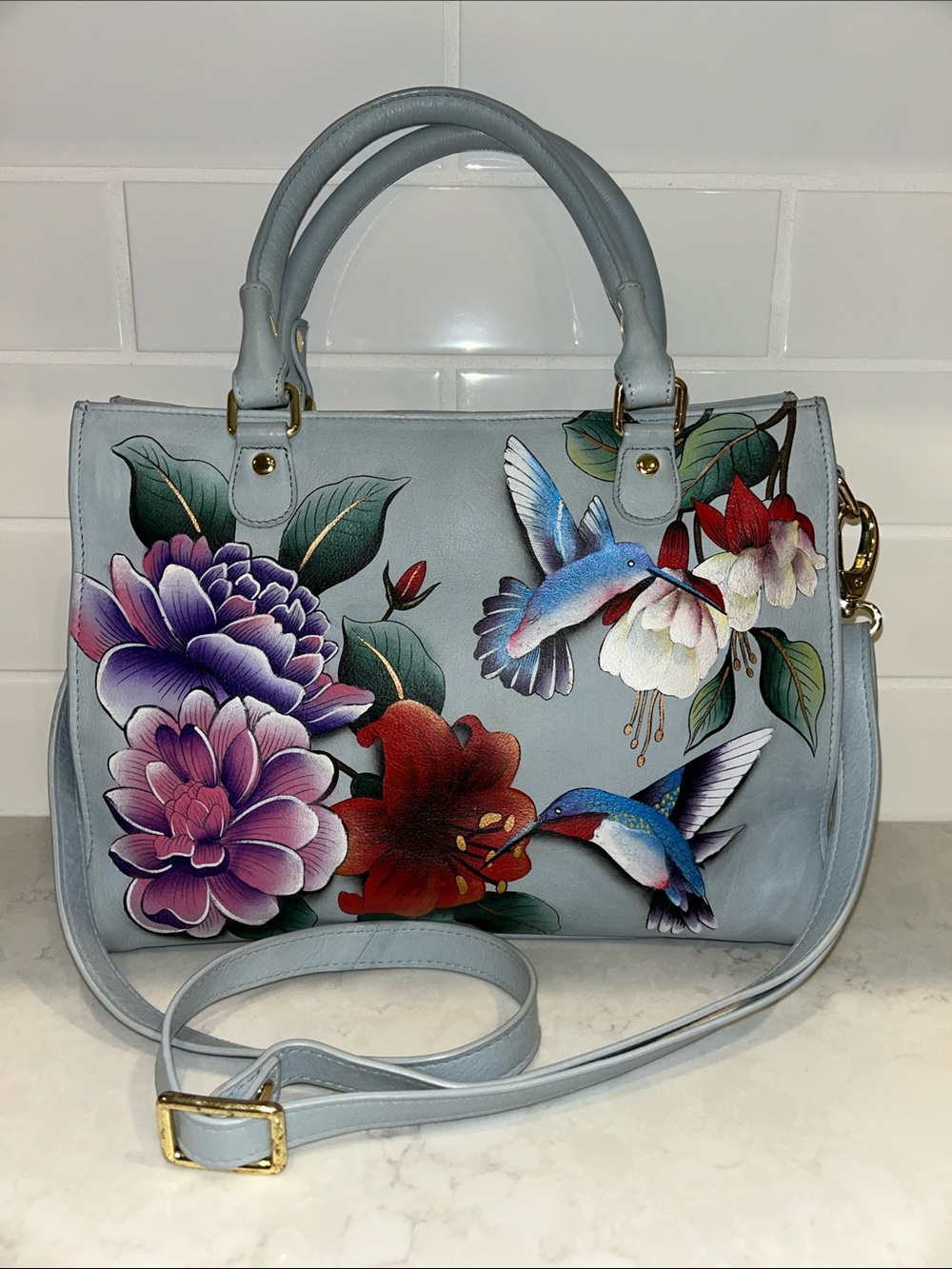 Anuschka hand-painted leather satchel "Garden Jewels" handbag